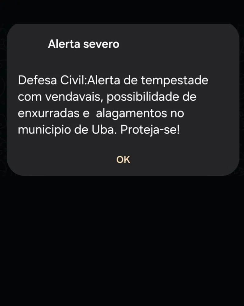 Alerta emitido pela Defesa Civil